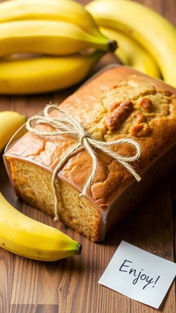 A wrapped loaf of banana bread with twine on a wooden table, surrounded by fresh bananas.